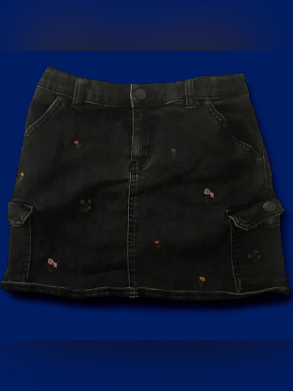 Vintage Black denim mini skirt with adorable floral embroidery